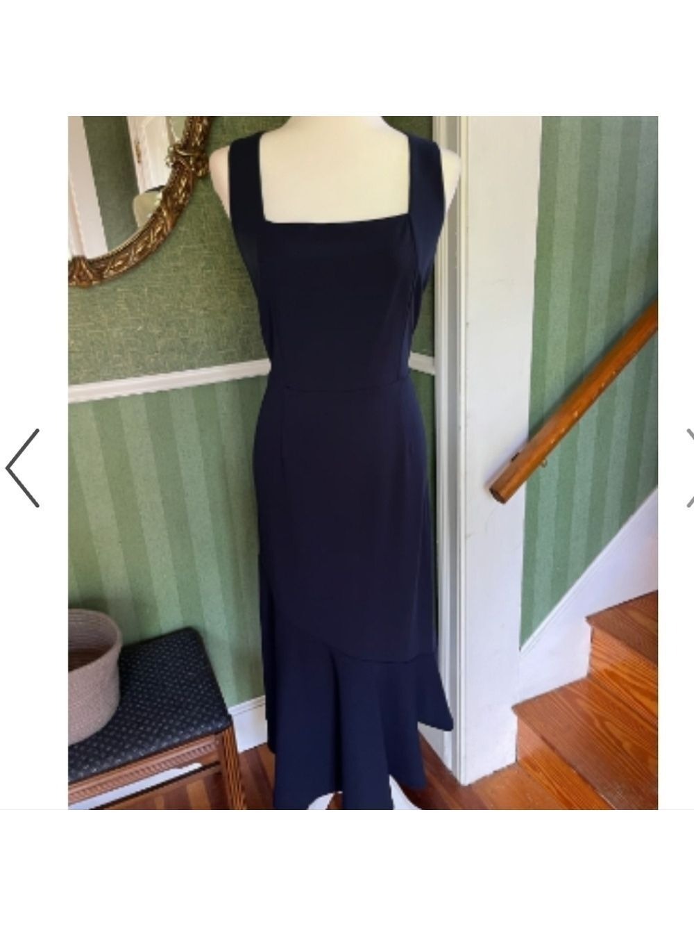 Sharagano Square Neck Flounce Deep Navy  Blue Midi Dress NWT Size 4 - Picture 2 of 13
